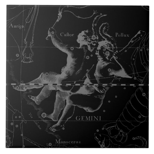 Gemini Constellation Map Hevelius 1690 on Black Ceramic Tile (Front)