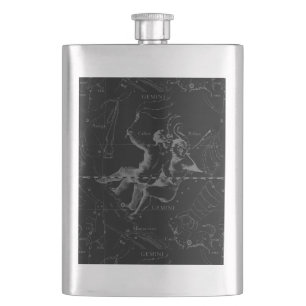 Gemini Constellation Map Hevelius 1690 on Black Hip Flask