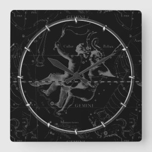 Gemini Constellation Map Hevelius 1690 on Black Square Wall Clock