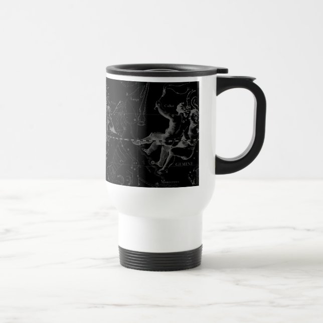 Gemini Constellation Map Hevelius 1690 on Black Travel Mug (Right)