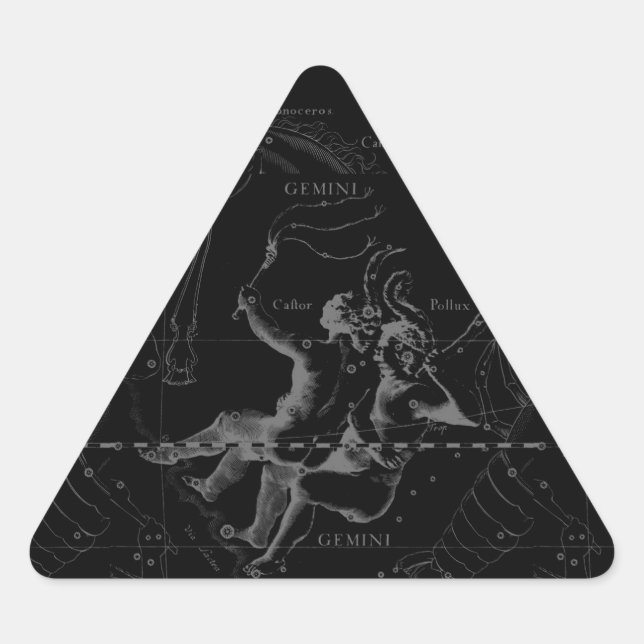 Gemini Constellation Map Hevelius 1690 on Black Triangle Sticker (Front)