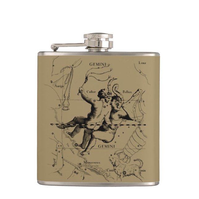 Gemini Constellation Zodiac Hevelius 1690 Hip Flask (Front)
