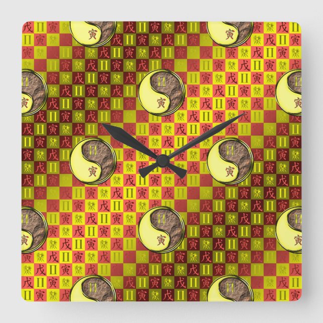 Gemini & Earth Tiger Square Wall Clock (Front)