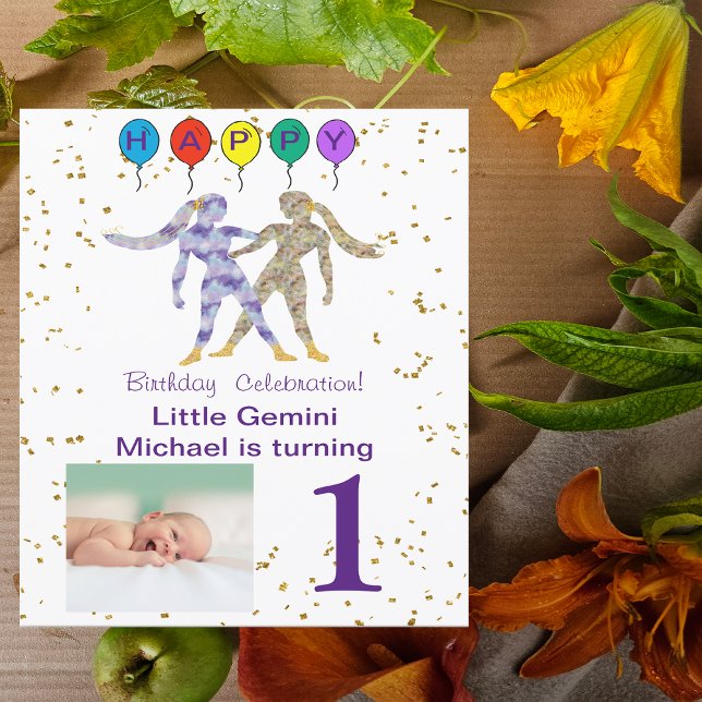 Gemini First Birthday Gold, Balloons & Photo Invitation (Creator Uploaded)