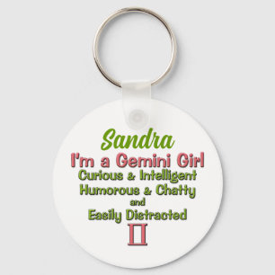 Gemini Girl Pink and Green Zodiac with Name Key Ring
