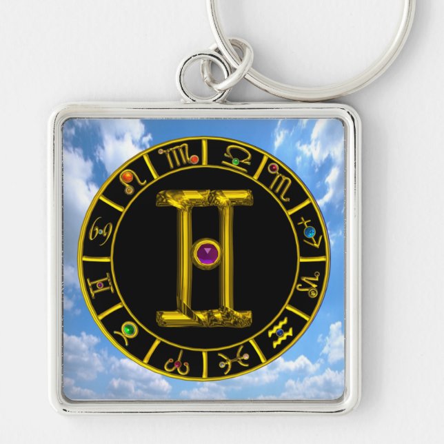 GEMINI GOLD ZODIAC BIRTHDAY JEWEL Astrology Chart Key Ring (Front)