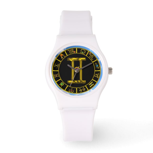GEMINI GOLD ZODIAC BIRTHDAY JEWEL,Green ,Black Watch (Front)