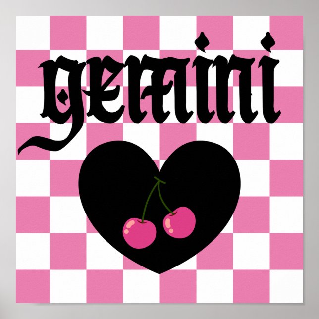 Gemini Gothic Aesthetic Chequered Cherry Art Poster (Front)
