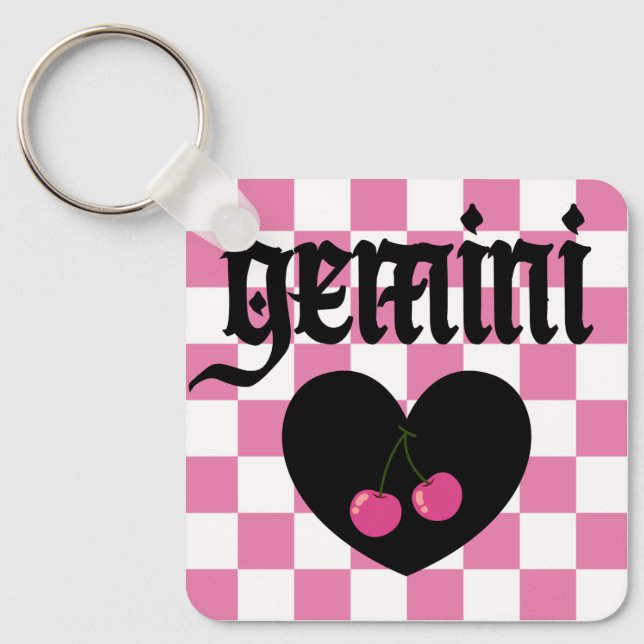 Gemini Gothic Aesthetic Chequered Cherry Design Key Ring (Front)