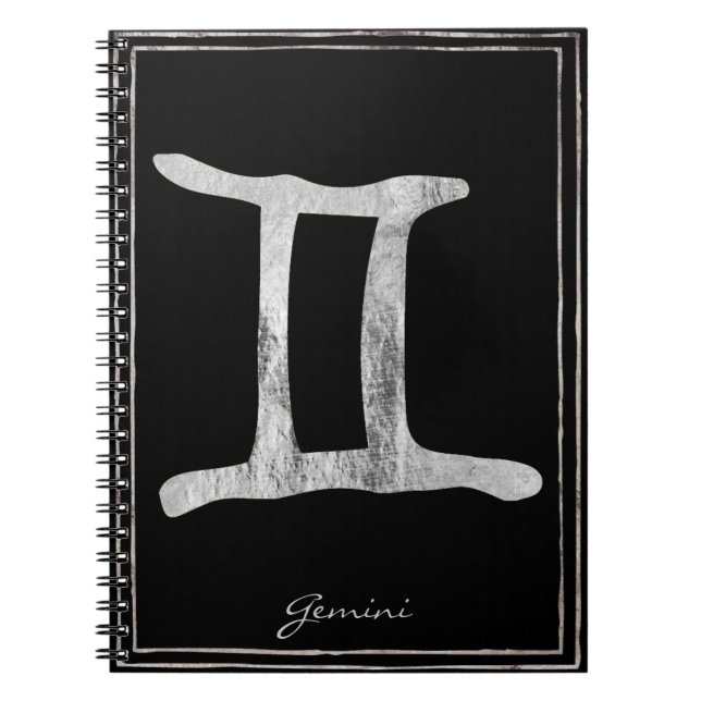 Gemini hammered silver stylised astrology symbol notebook (Front)