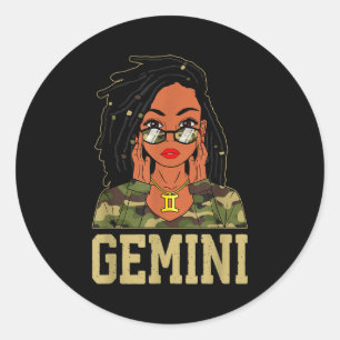 Gemini Loc'd Hair Sy Black Woman Camo Melanin Girl Classic Round Sticker
