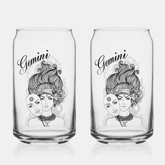 Gemini Masked Lady Zodiac Glass (Front)