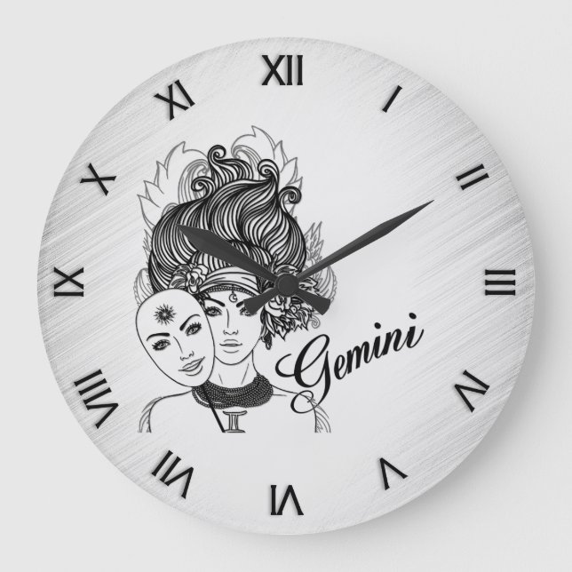 Gemini Masked Lady Zodiac Roman Numerals Large Clock (Front)