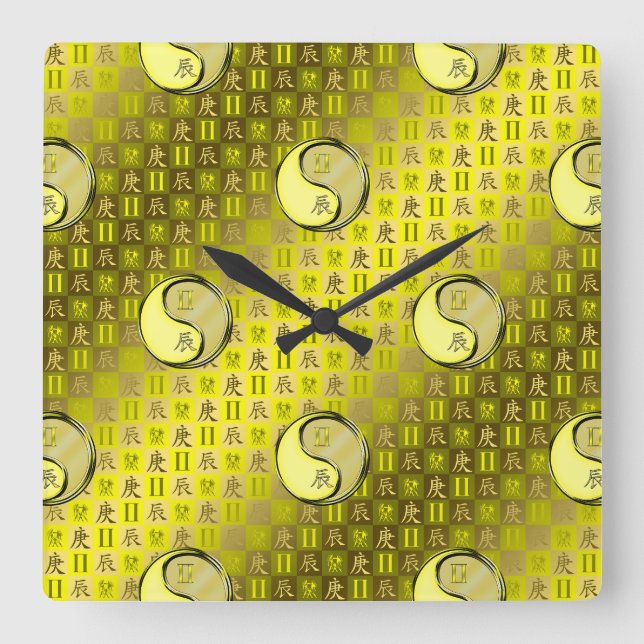 Gemini & Metal Dragon Square Wall Clock (Front)
