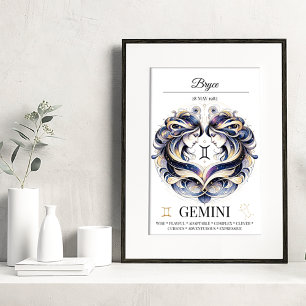 Gemini Personalised Elegant Zodiac Watercolor Poster