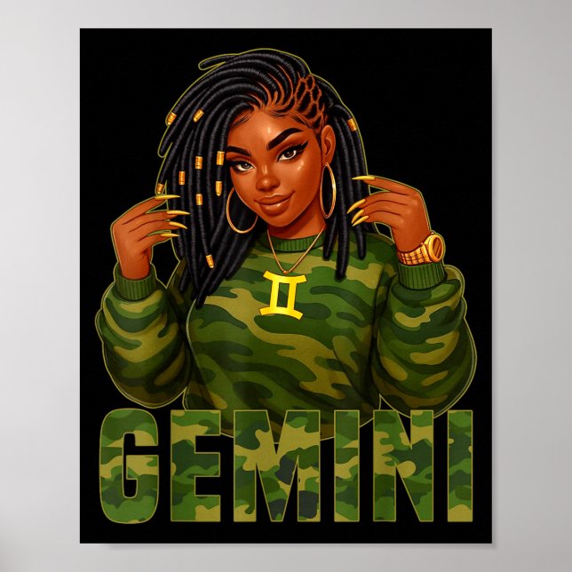 Gemini Queen Loc'd Black Woman Camo Zodiac Sign  (Front)