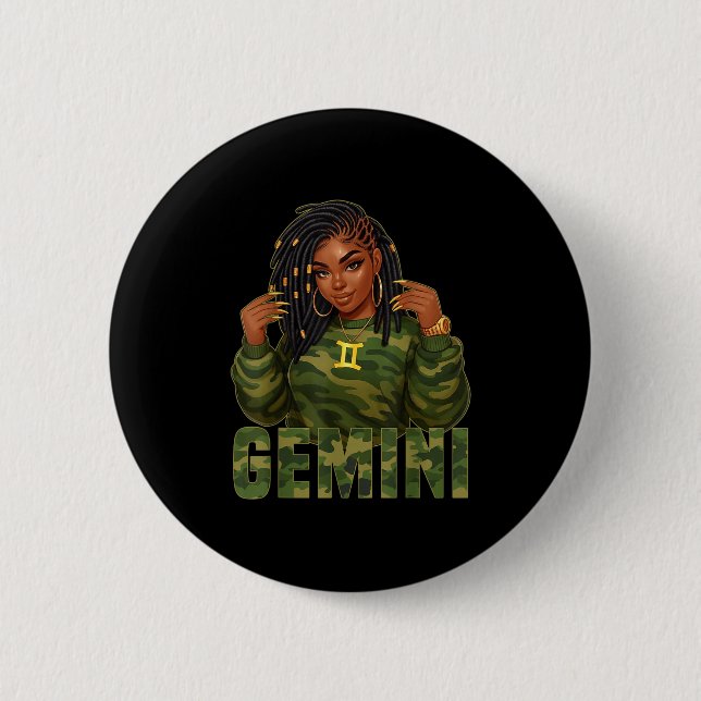 Gemini Queen Loc'd Black Woman Camo Zodiac Sign  6 Cm Round Badge (Front)