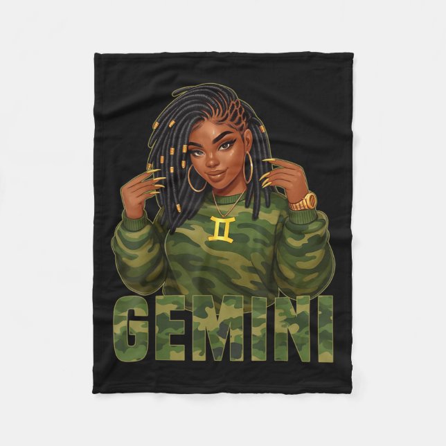 Gemini Queen Loc'd Black Woman Camo Zodiac Sign  Fleece Blanket (Front)