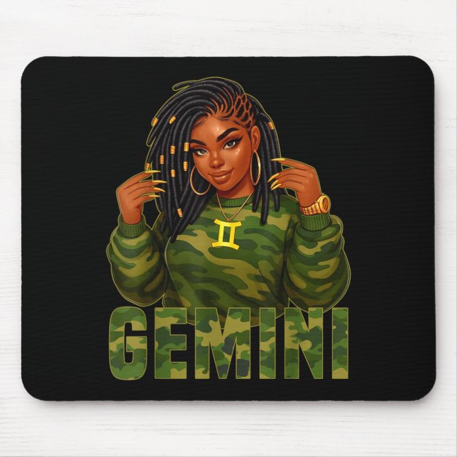 Gemini Queen Loc'd Black Woman Camo Zodiac Sign  Mouse Pad (Front)