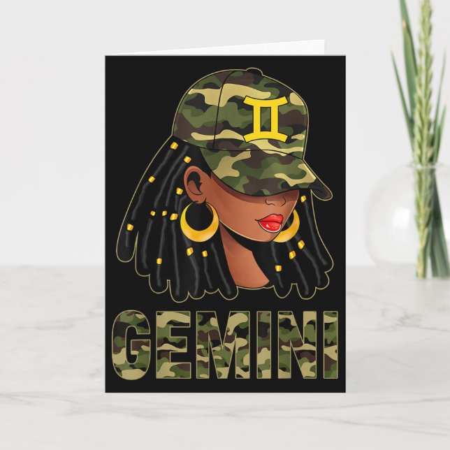 Gemini Queen Loc'd Hair Black Woman Camo Cap Zodia Card (Front)