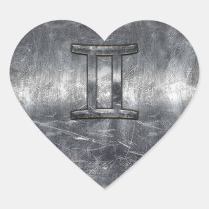 Gemini Sign in Distressed Siver Steel Style Heart Sticker