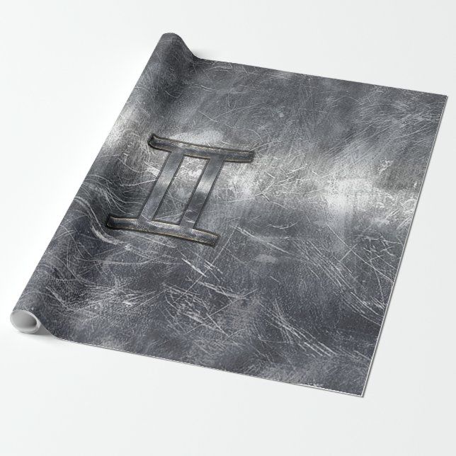 Gemini Sign in Distressed Siver Steel Style Wrapping Paper (Unrolled)