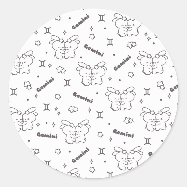 Gemini Twin Bunnies Embrace Zodiac Pattern Classic Round Sticker (Front)