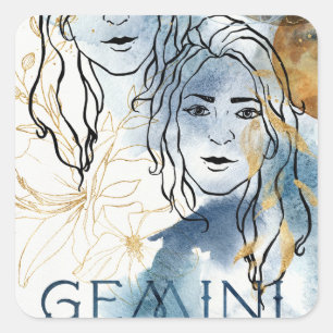 Gemini twins birthday zodiac astrology blue gold square sticker