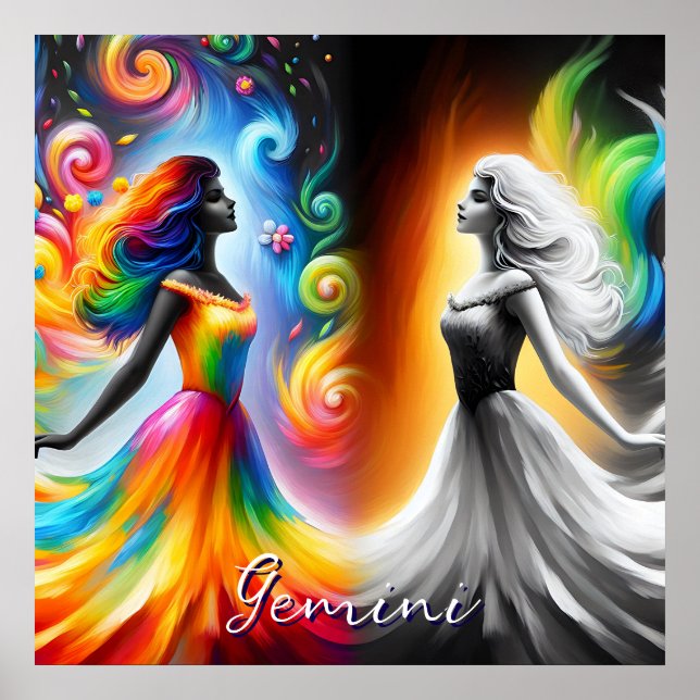 Gemini Twins Colour & Black and White Horoscope Poster (Front)