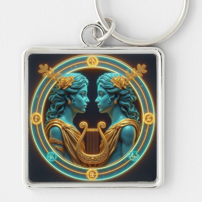 Gemini Twins Goddess Statues With Neon Circle Key Ring (Front)