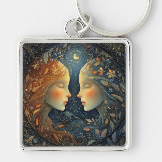 Gemini Twins Zodiac Astrology Celestial Birthday Key Ring (Front)