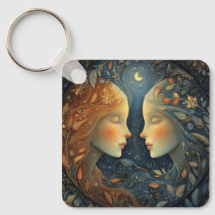 Gemini Twins Zodiac Astrology Celestial Birthday Key Ring
