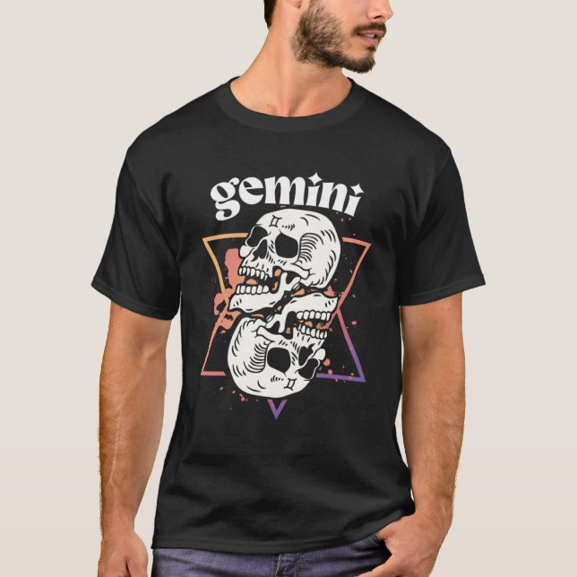 Gemini Witchcraft Zodiac Signs Skull Constellation T-Shirt (Front)