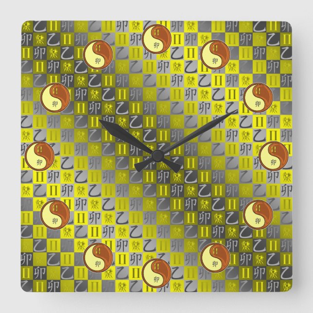 Gemini & Wood Rabbit Square Wall Clock (Front)