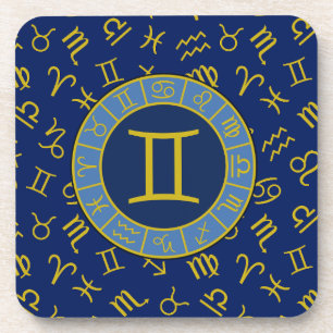 Gemini Zodiac+Astrology Symbols Pattern Gold+Blues Coaster