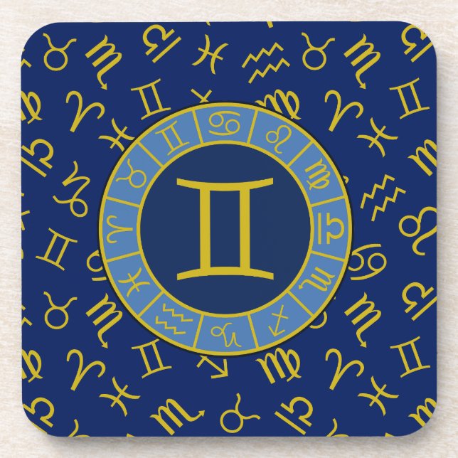 Gemini Zodiac+Astrology Symbols Pattern Gold+Blues Coaster (Front)