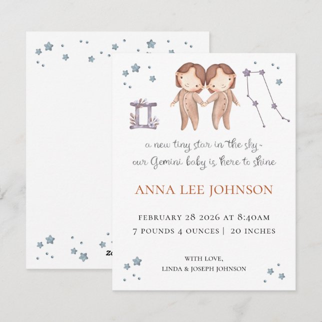 Gemini Zodiac Birth Announcement (Front/Back)