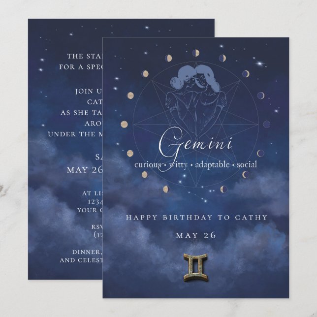 Gemini Zodiac Birthday Invitation (Front/Back)