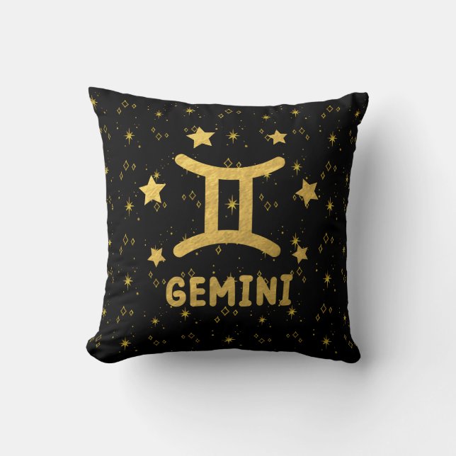 Gemini Zodiac Black and Gold Throw Pillow (Front)