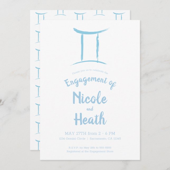 GEMINI Zodiac Blue Astrology May June Engagement  Invitation (Front/Back)