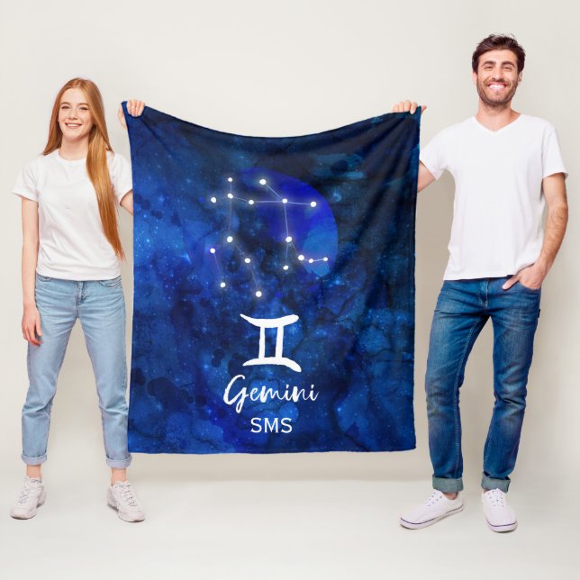 Gemini Zodiac Constellation Blue Galaxy Monogram Fleece Blanket (In Situ)