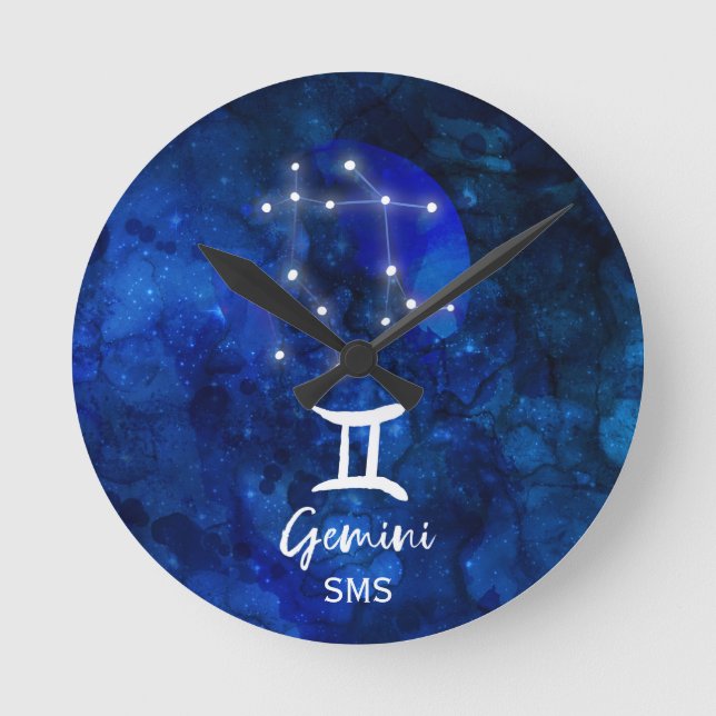 Gemini Zodiac Constellation Blue Galaxy Monogram Round Clock (Front)