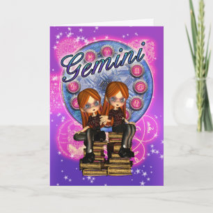 Gemini Zodiac Cute Card With Twin Girls On Old Boo