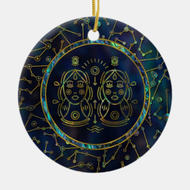 Gemini Zodiac Gold Abalone on Constellation Ceramic Ornament (Front)