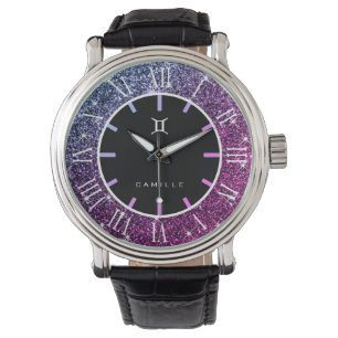 Gemini Zodiac Luxury Pink Purple Glitter Stars Watch