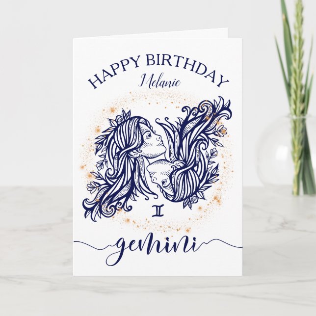 Gemini Zodiac Navy & Gold Monochrome Birthday Card (Front)