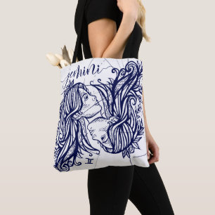 Gemini Zodiac Navy & Gold Monochrome Graphic Tote Bag