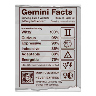 Gemini Zodiac Nutrition Facts Poster - Off White