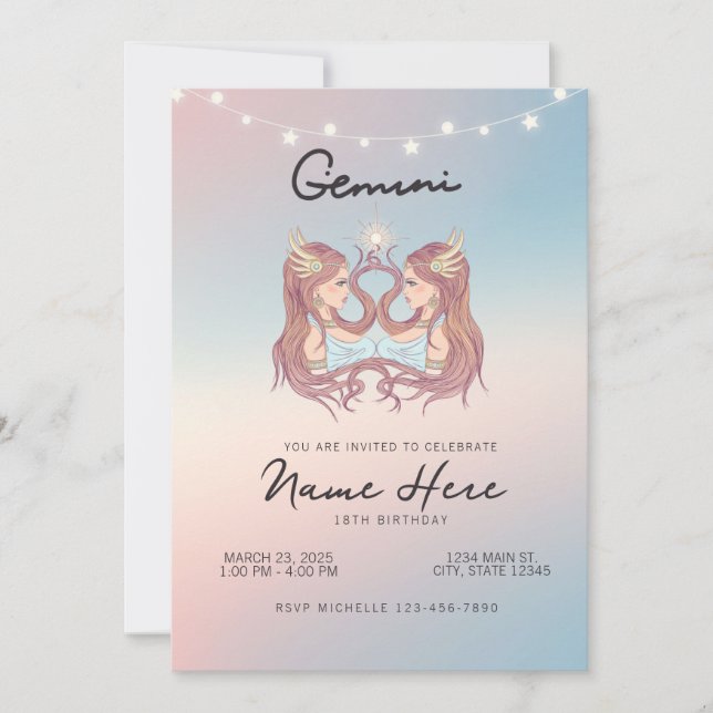 Gemini Zodiac Sign Birthday Invitation (Front)