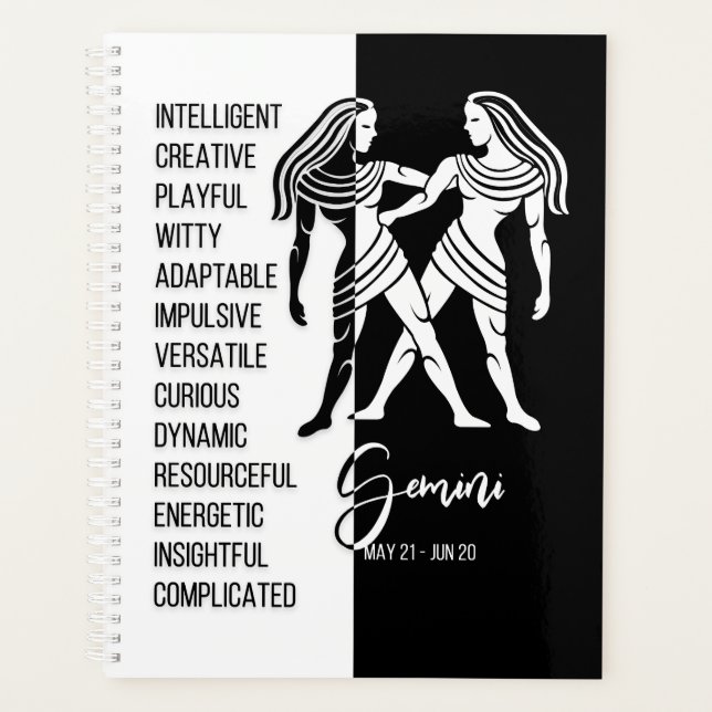 Gemini Zodiac Sign, Black & White Planner (Front)